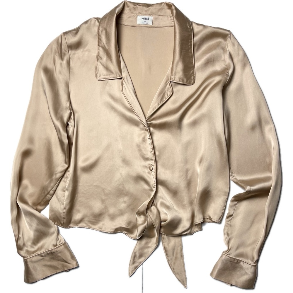 Wilfred Cupro Silk Shirt Tie Front Pink Beige Rose Gold Women’s XXS Button Down